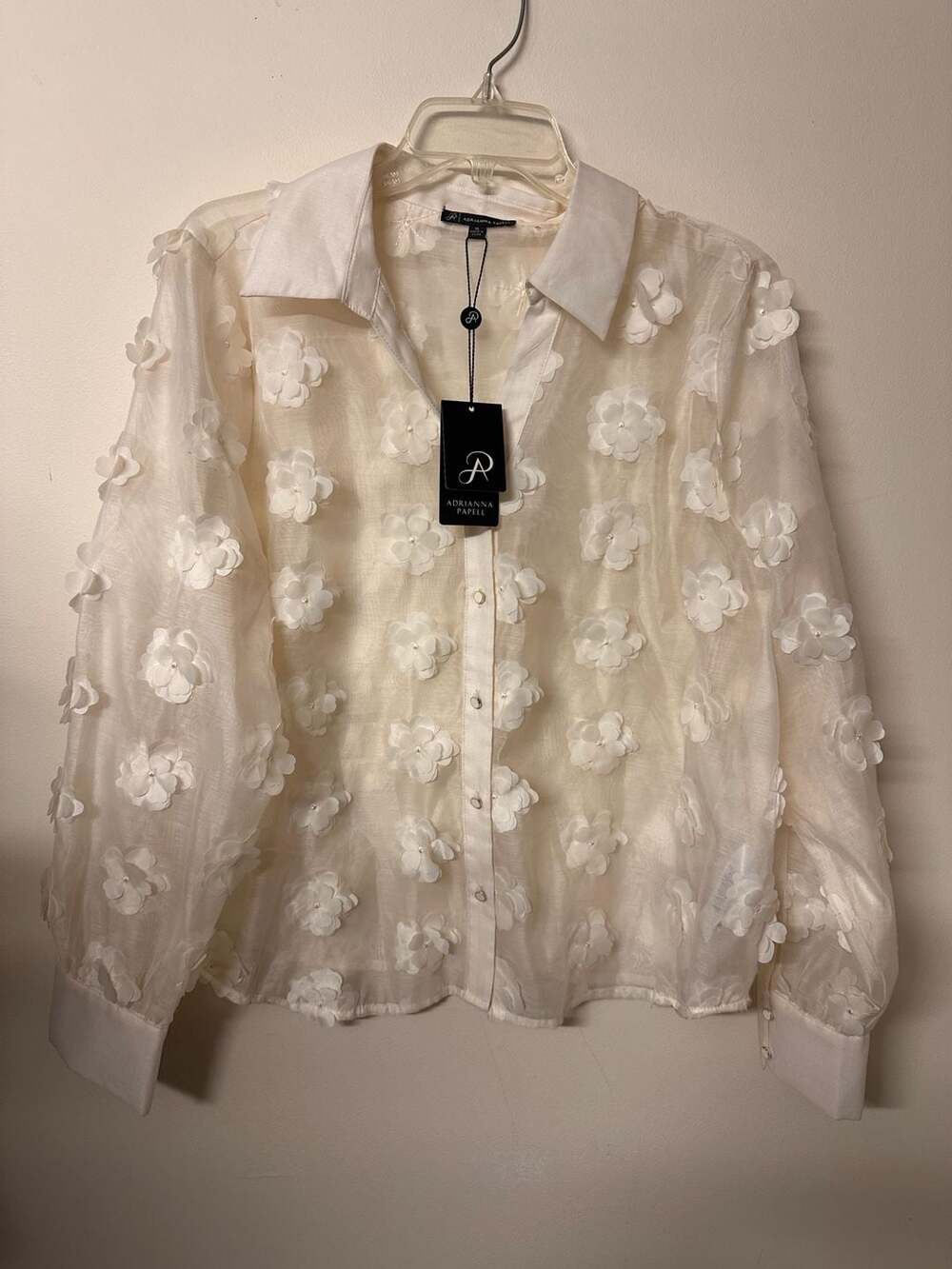 Adrianna Papell White 3D Floral Applique Long Sleeve Button Down Blouse Size XL